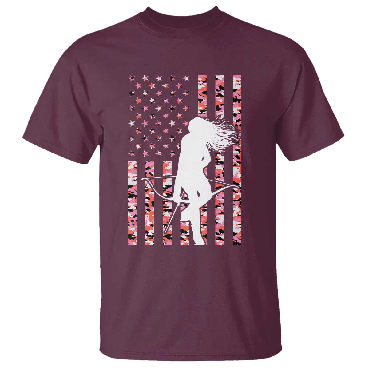 Patriotic Women Bow Hunter T Shirt American Flag Pink Camo Gift TS12 Maroon Print Your Wear