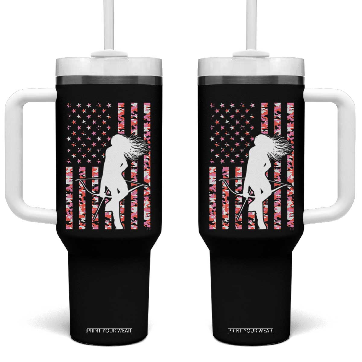 Patriotic Women Bow Hunter Tumbler With Handle American Flag Pink Camo Gift TS12 One Size: 40 oz Black Print Your Wear