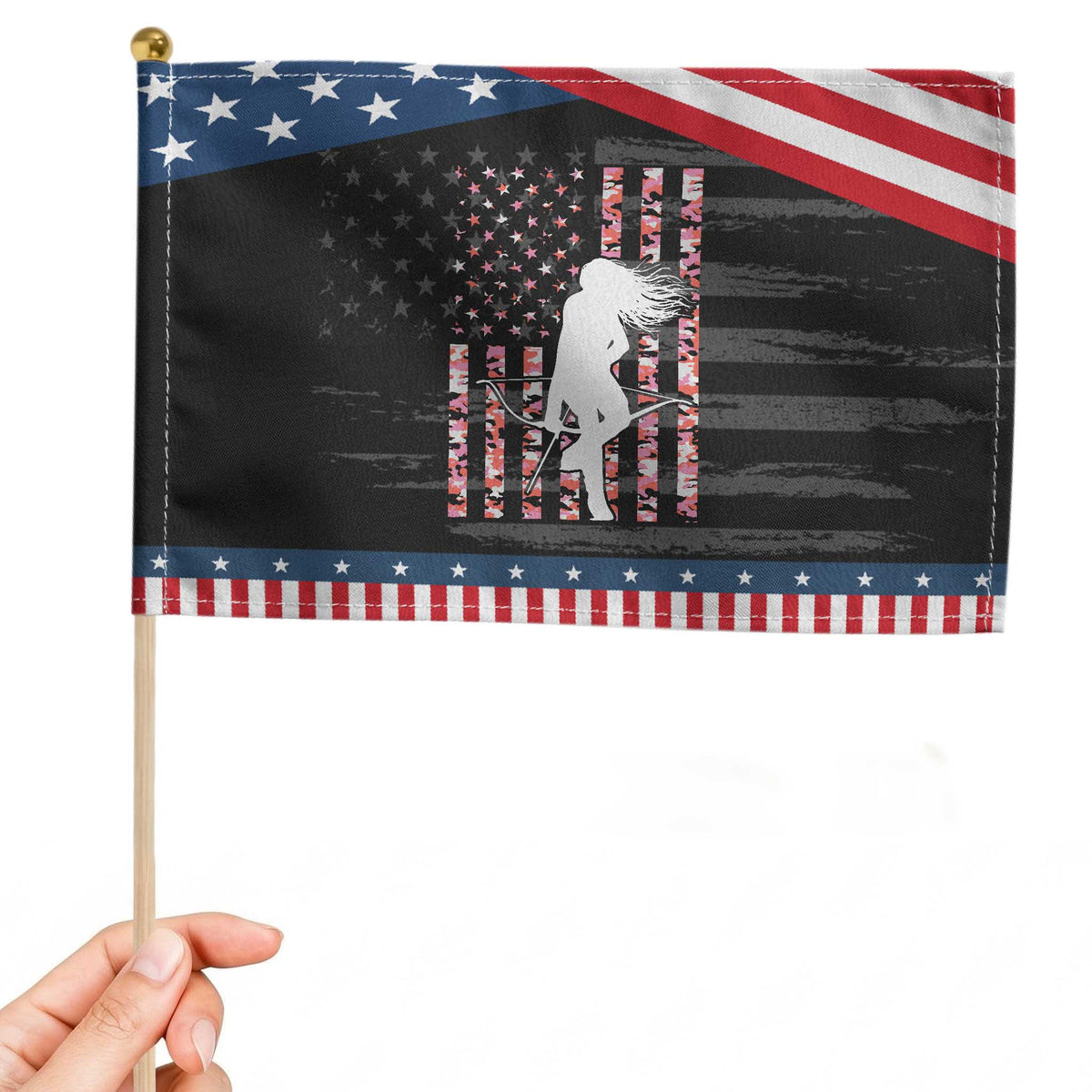 Patriotic Women Bow Hunter Patriotic Handheld Flag American Flag Pink Camo Gift TS12 Distressed 8.2