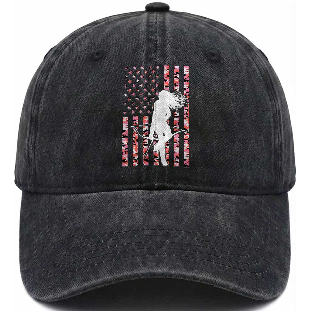 Patriotic Women Bow Hunter Washed Cotton Baseball Cap American Flag Pink Camo Gift TS12 Washed Cap Universal Fit Black Print Your Wear