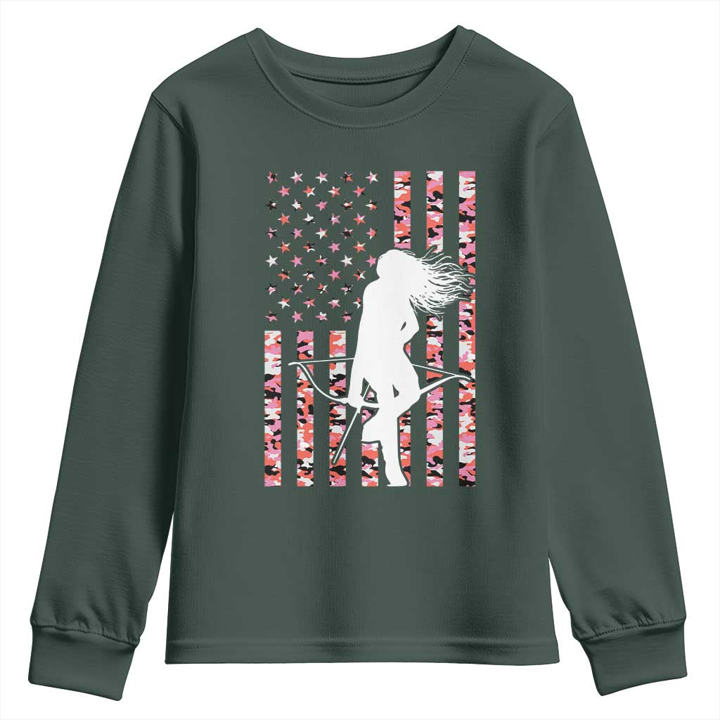 Patriotic Women Bow Hunter Youth Sweatshirt American Flag Pink Camo Gift TS12 Dark Forest Green Print Your Wear
