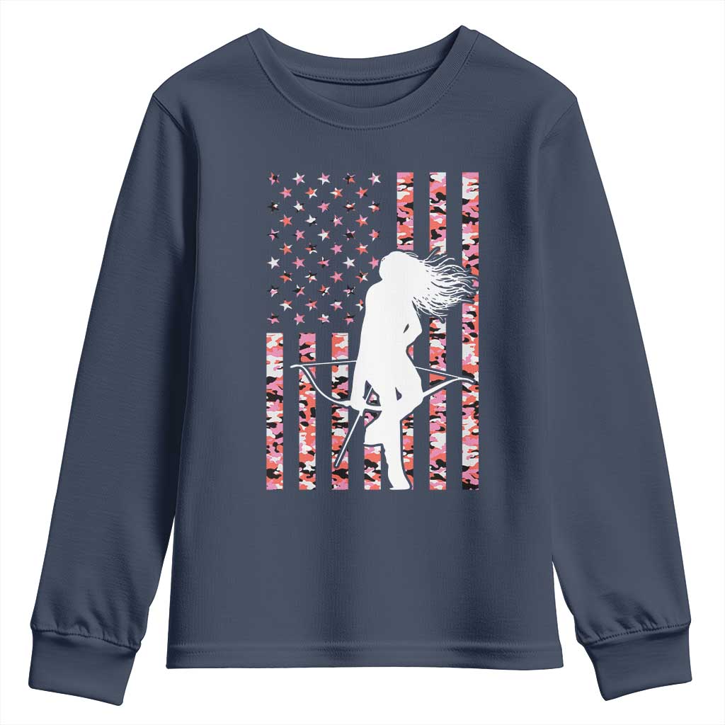 Patriotic Women Bow Hunter Youth Sweatshirt American Flag Pink Camo Gift TS12 Navy Print Your Wear