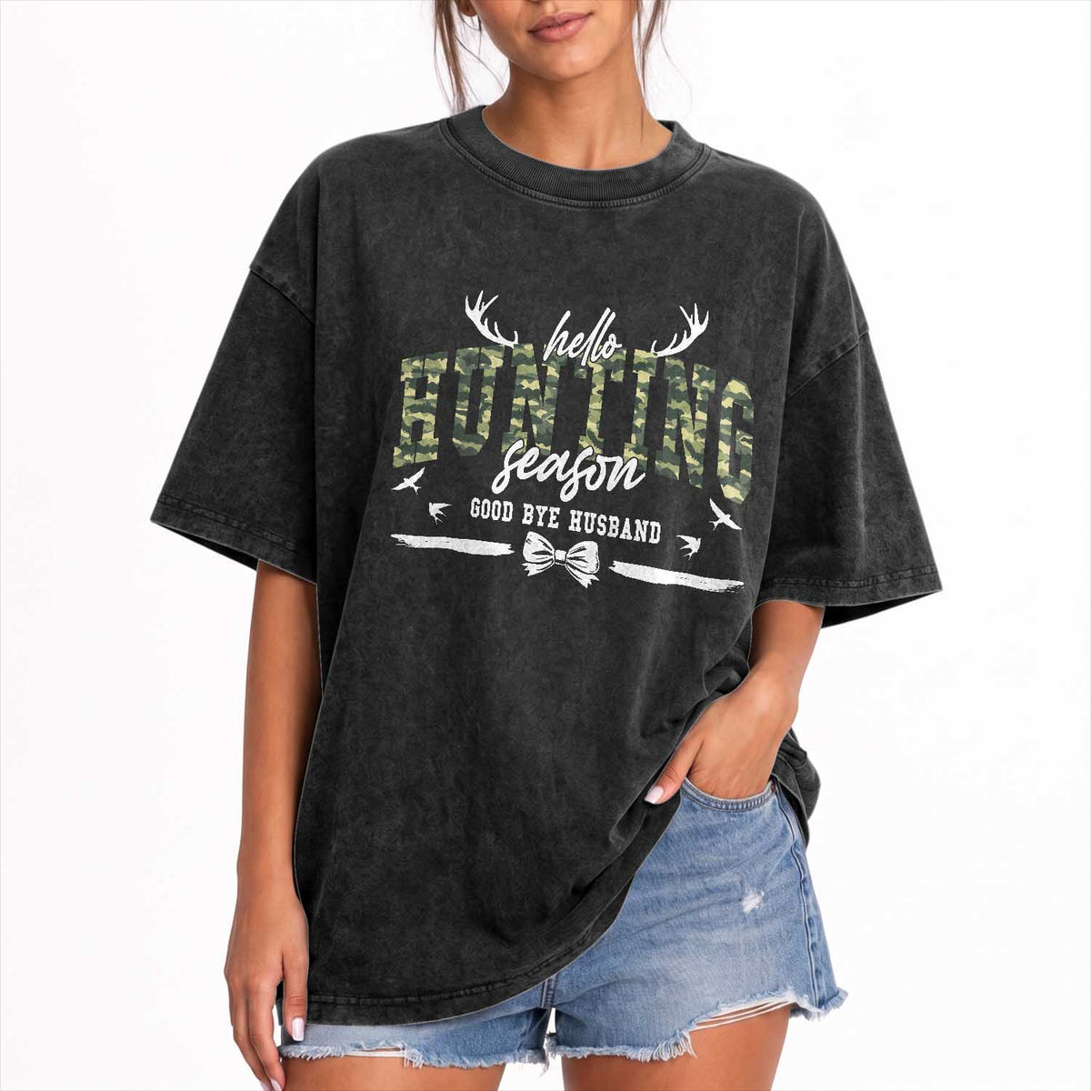 Funny Hunting Lover Washed Cotton T-Shirt Hello Hunting Season Goodbye Husband