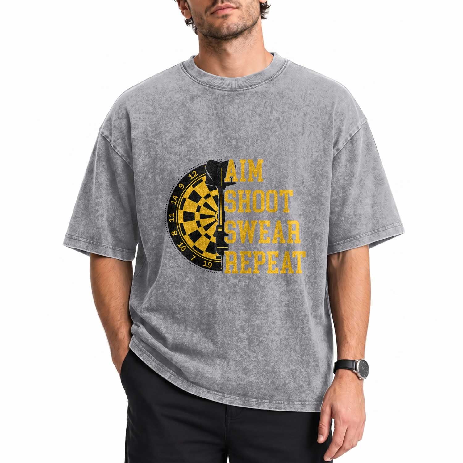 Funny Darts Retro Vintage Washed Cotton T-Shirt Aim Shoot Swear Repeat Dartist Gift