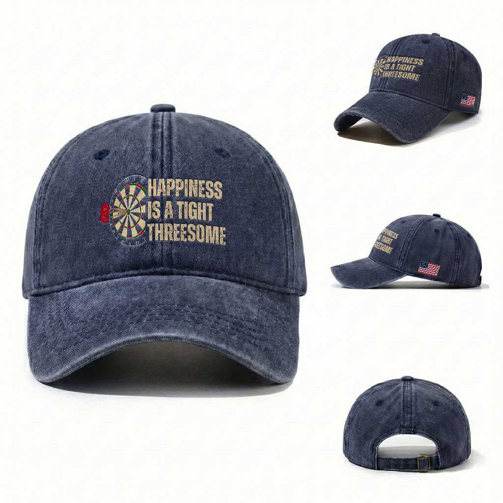 Funny Darts Happiness Is A Tight Threesome Washed Cotton Baseball Cap Vintage Dartist Gift TS12 Washed Cap Universal Fit Navy Print Your Wear
