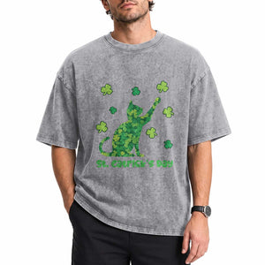 Funny St Catricks Day Washed Cotton T-Shirt Lucky Shamrock Cat Saint Pattys