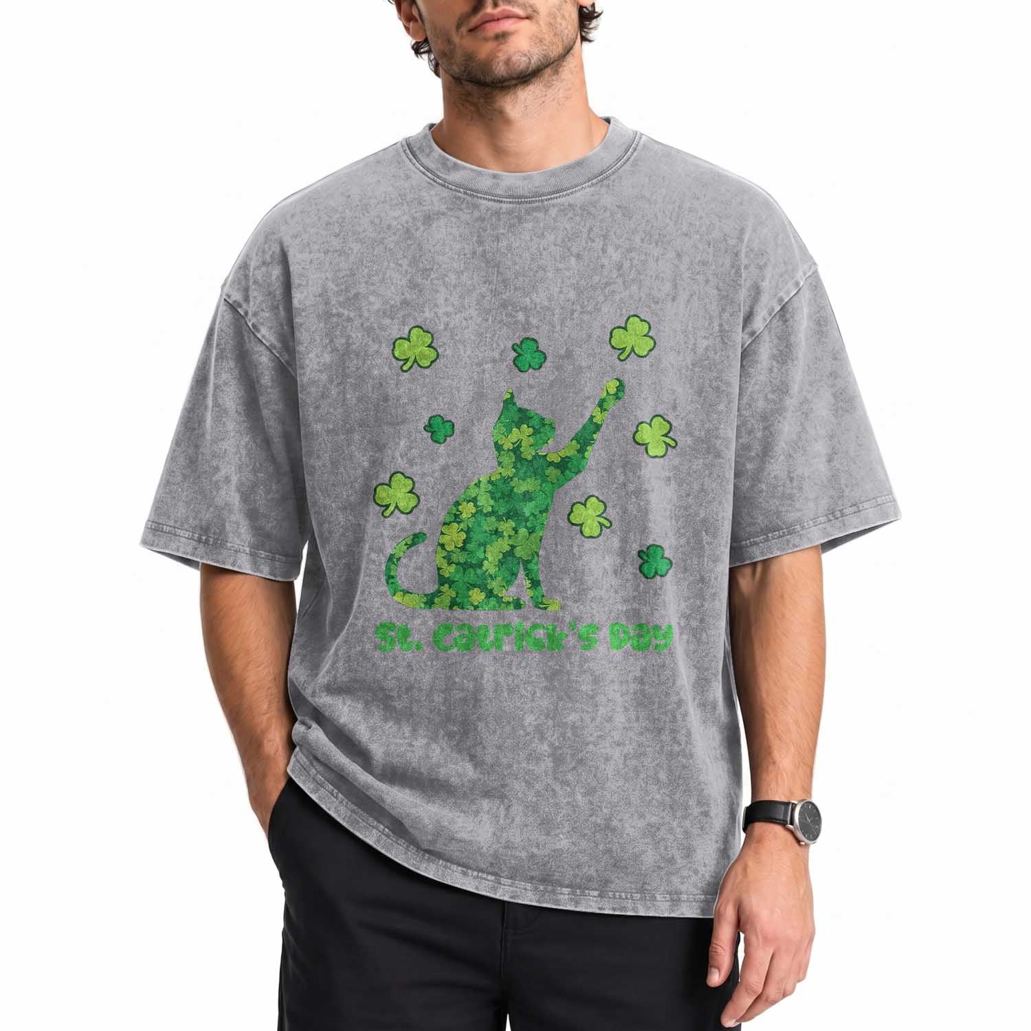 Funny St Catricks Day Washed Cotton T-Shirt Lucky Shamrock Cat Saint Pattys