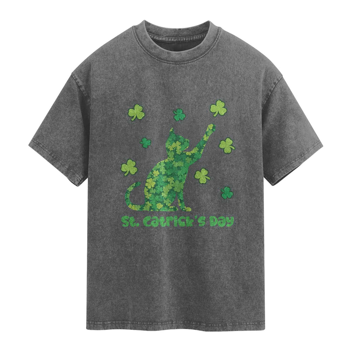 Funny St Catricks Day Washed Cotton T-Shirt Lucky Shamrock Cat Saint Pattys