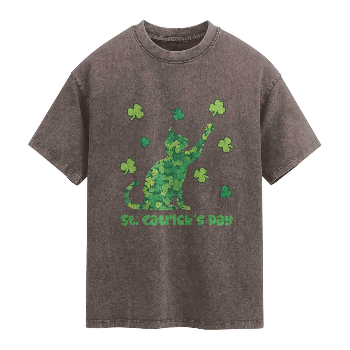 Funny St Catricks Day Washed Cotton T-Shirt Lucky Shamrock Cat Saint Pattys