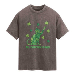 Funny St Catricks Day Washed Cotton T-Shirt Lucky Shamrock Cat Saint Pattys