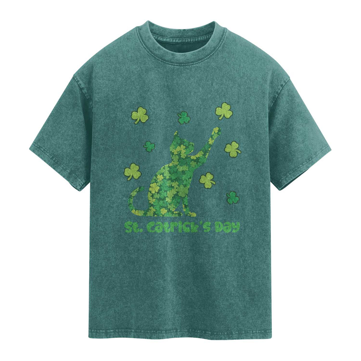 Funny St Catricks Day Washed Cotton T-Shirt Lucky Shamrock Cat Saint Pattys