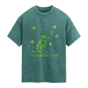 Funny St Catricks Day Washed Cotton T-Shirt Lucky Shamrock Cat Saint Pattys