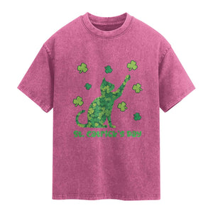 Funny St Catricks Day Washed Cotton T-Shirt Lucky Shamrock Cat Saint Pattys