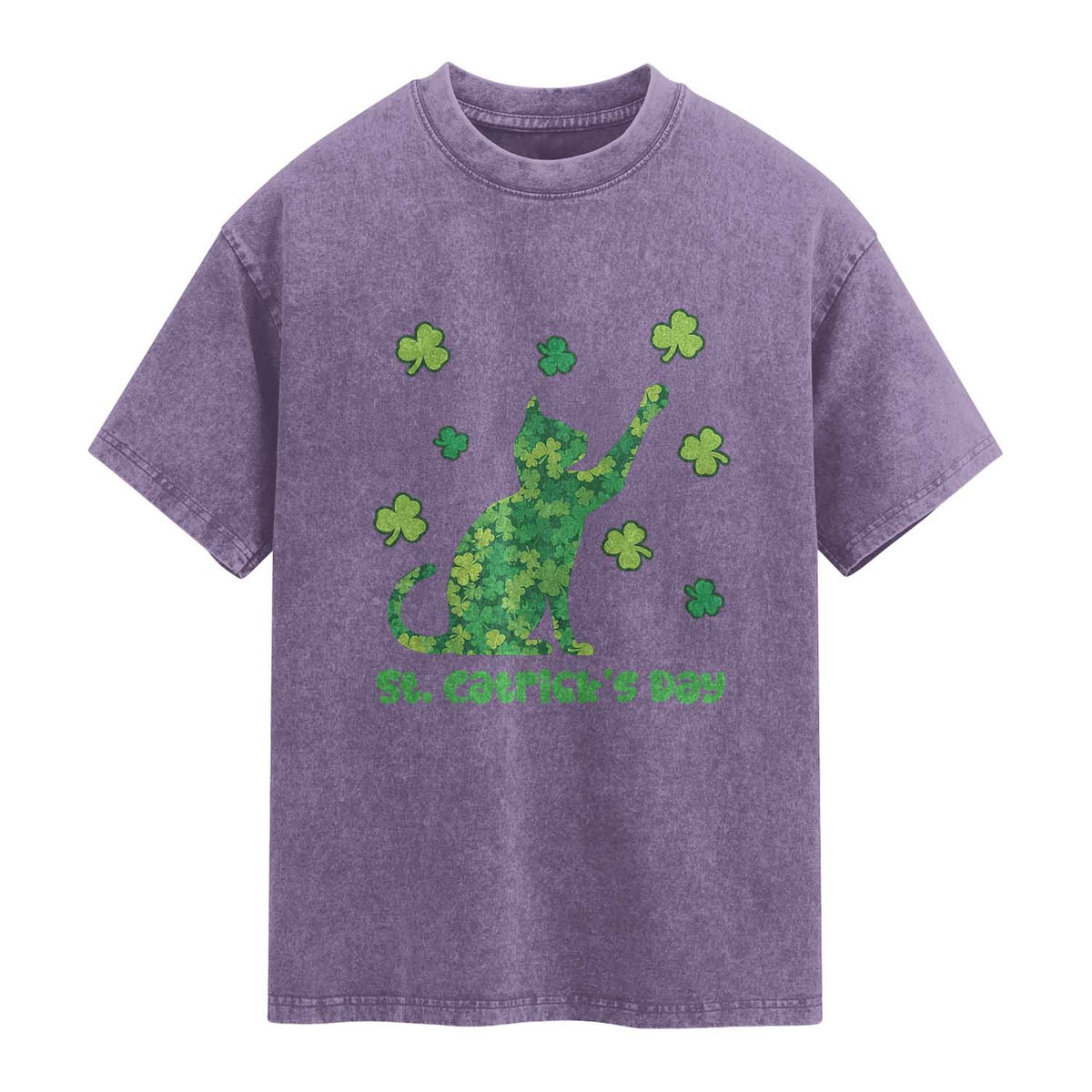 Funny St Catricks Day Washed Cotton T-Shirt Lucky Shamrock Cat Saint Pattys