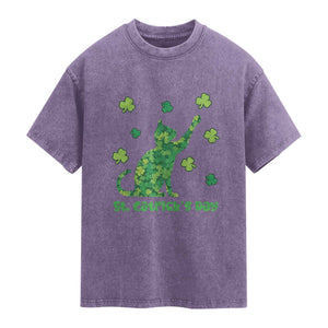 Funny St Catricks Day Washed Cotton T-Shirt Lucky Shamrock Cat Saint Pattys