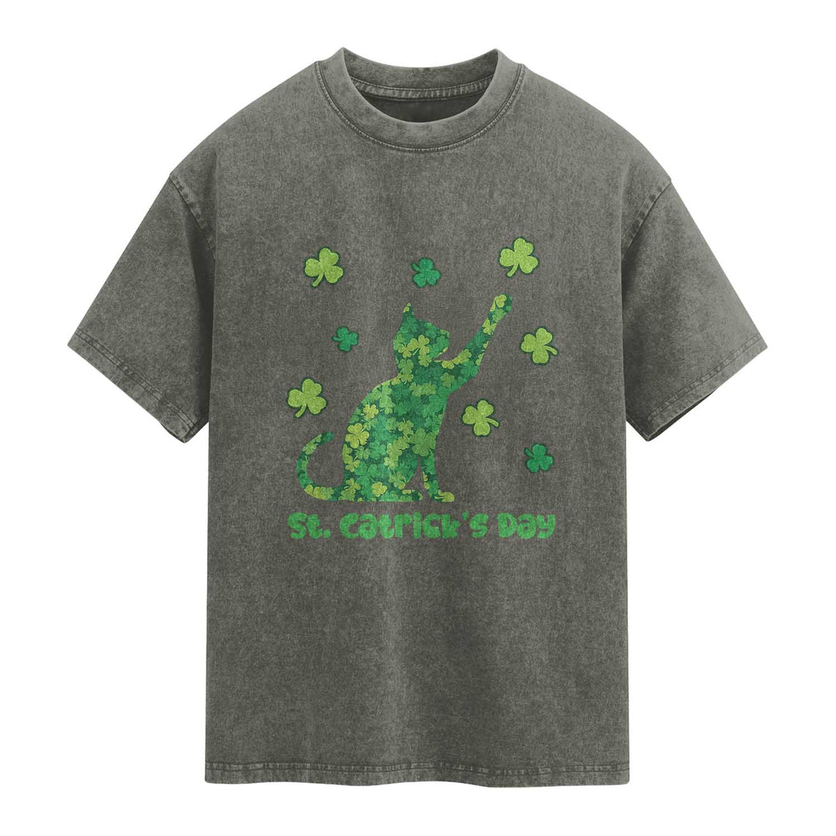 Funny St Catricks Day Washed Cotton T-Shirt Lucky Shamrock Cat Saint Pattys