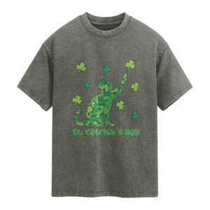 Funny St Catricks Day Washed Cotton T-Shirt Lucky Shamrock Cat Saint Pattys