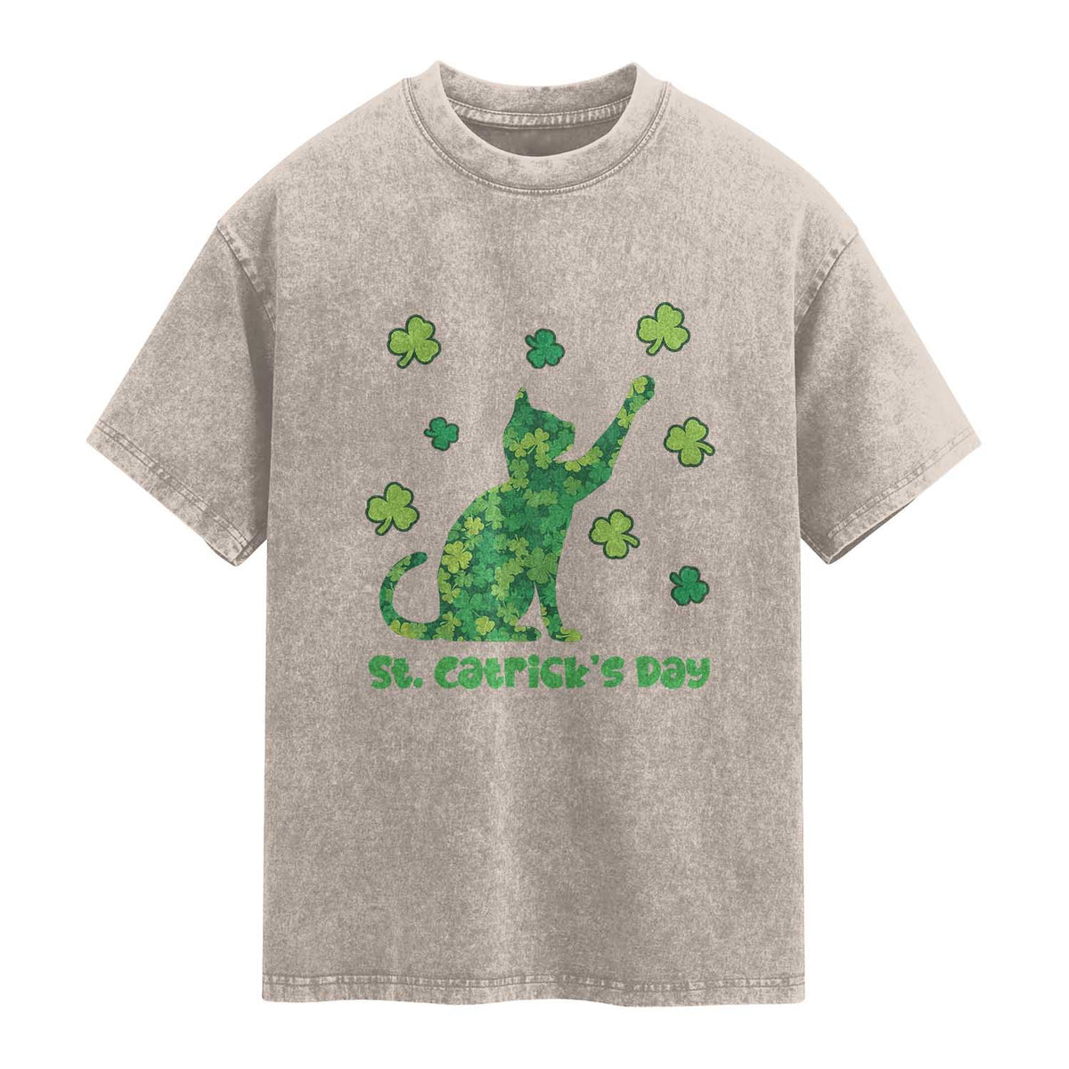 Funny St Catricks Day Washed Cotton T-Shirt Lucky Shamrock Cat Saint Pattys