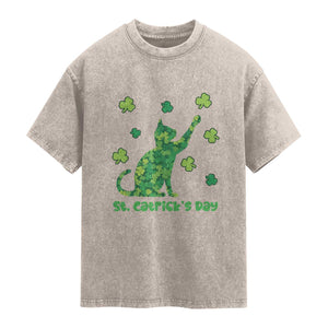 Funny St Catricks Day Washed Cotton T-Shirt Lucky Shamrock Cat Saint Pattys