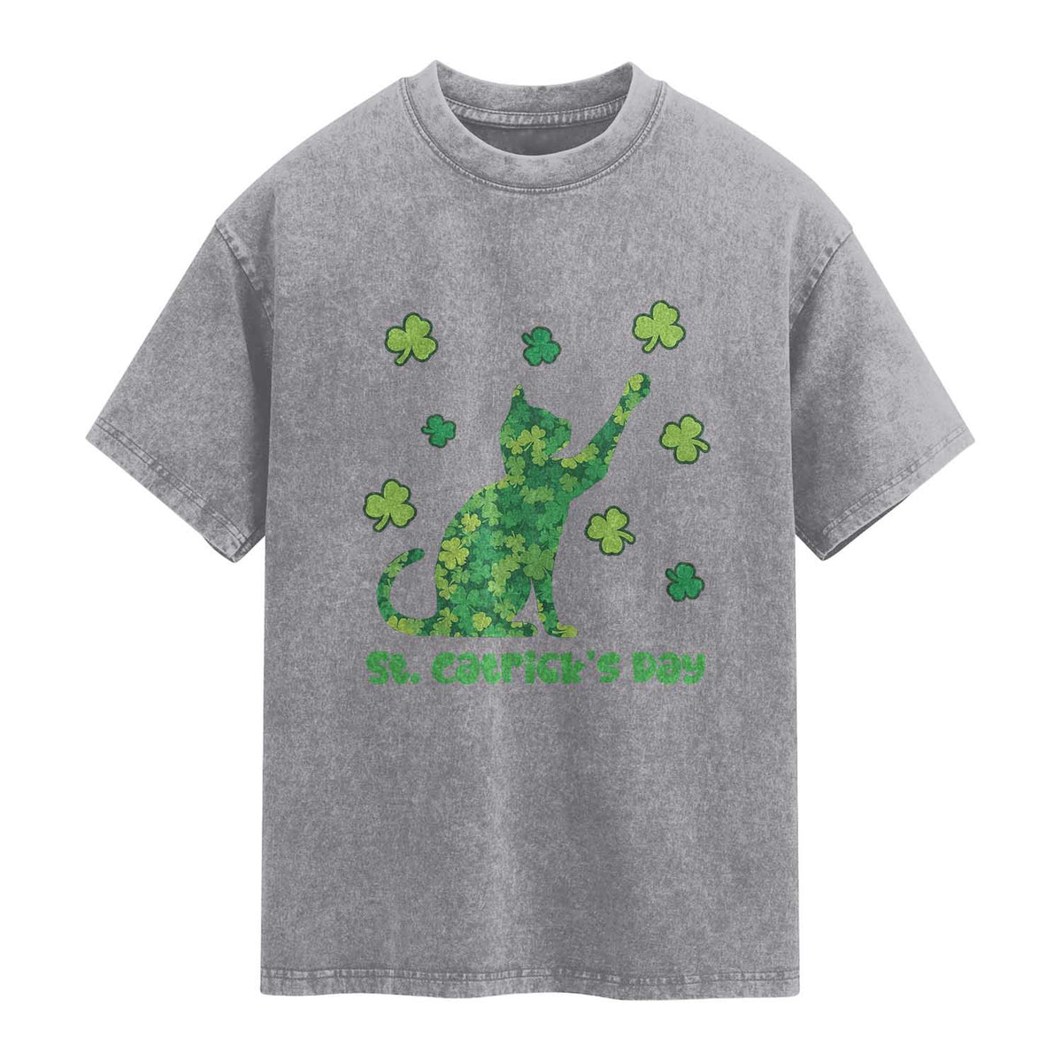 Funny St Catricks Day Washed Cotton T-Shirt Lucky Shamrock Cat Saint Pattys