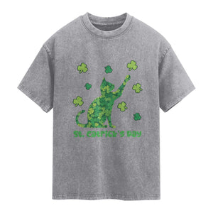 Funny St Catricks Day Washed Cotton T-Shirt Lucky Shamrock Cat Saint Pattys