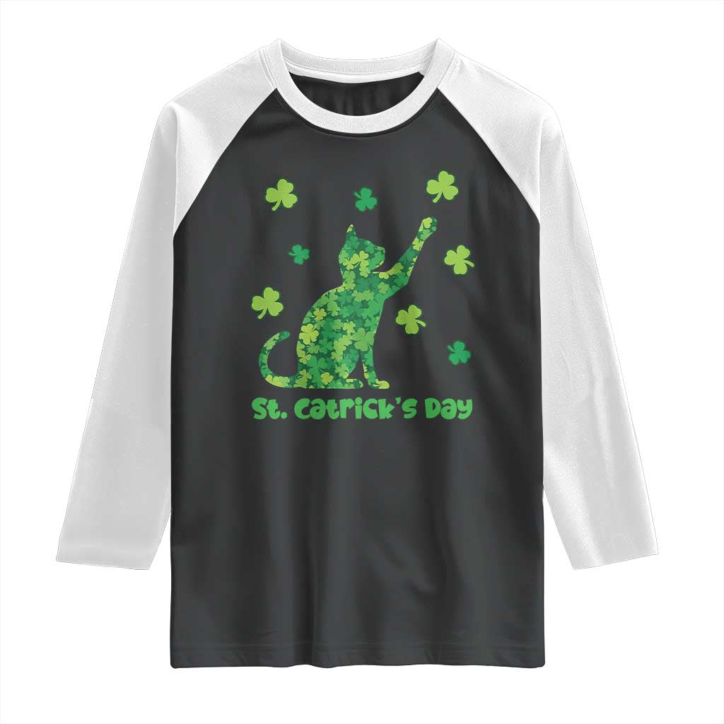 Funny St Catricks Day Raglan Shirt Lucky Shamrock Cat Saint Pattys TS12 Black White Print Your Wear