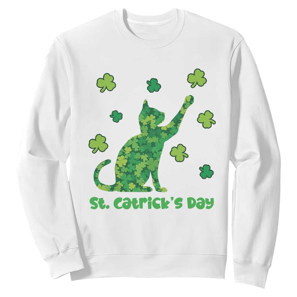 Funny St Catricks Day Sweatshirt Lucky Shamrock Cat Saint Pattys TS12 White Print Your Wear