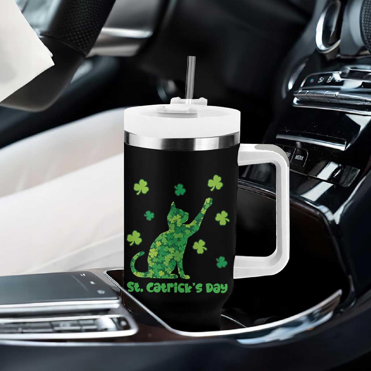 Funny St Catricks Day Tumbler With Handle Lucky Shamrock Cat Saint Pattys TS12 Print Your Wear