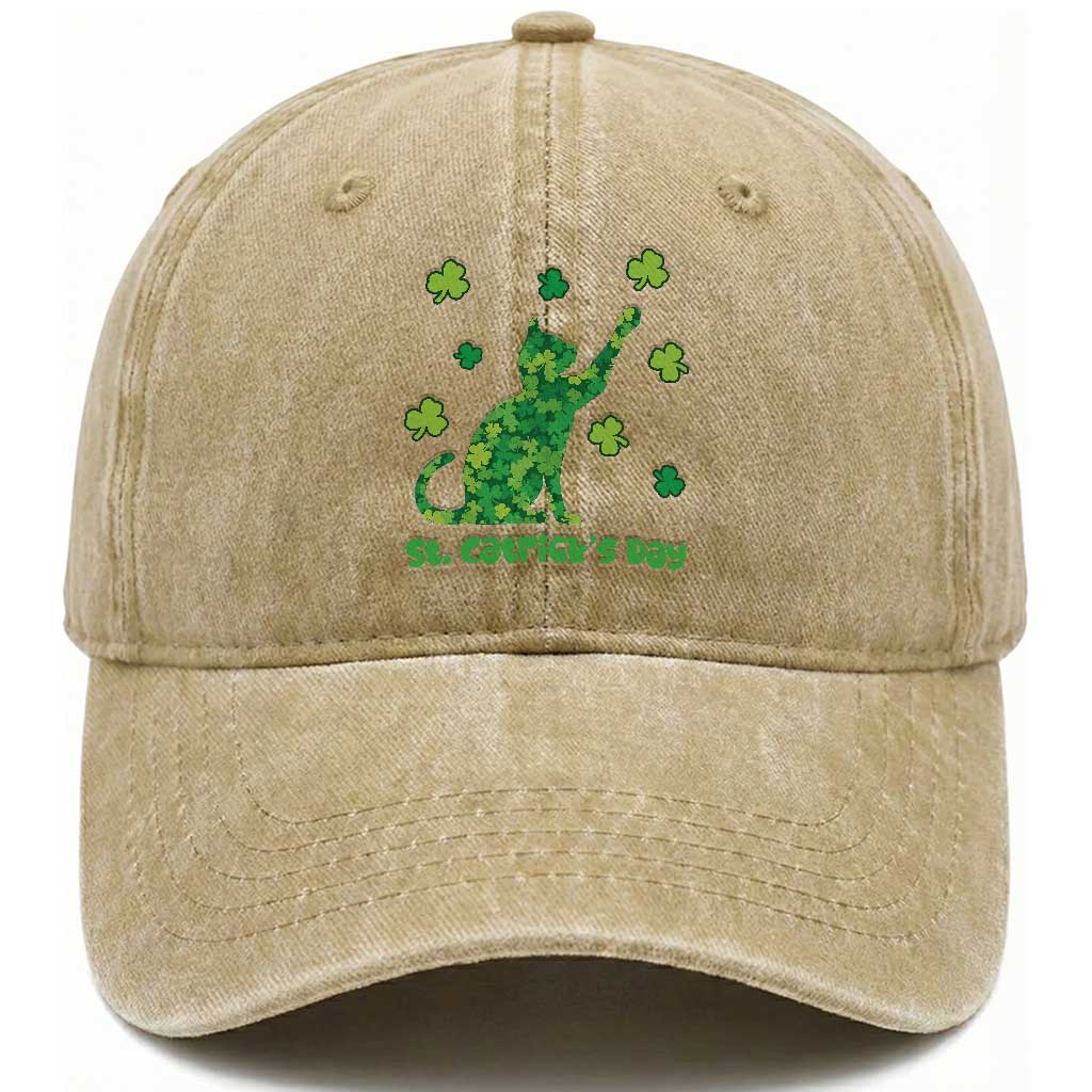 Funny St Catricks Day Washed Cotton Baseball Cap Lucky Shamrock Cat Saint Pattys TS12 Print Your Wear