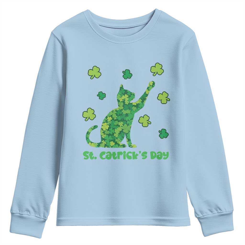Funny St Catricks Day Youth Sweatshirt Lucky Shamrock Cat Saint Pattys TS12 Light Blue Print Your Wear