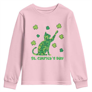Funny St Catricks Day Youth Sweatshirt Lucky Shamrock Cat Saint Pattys TS12 Light Pink Print Your Wear