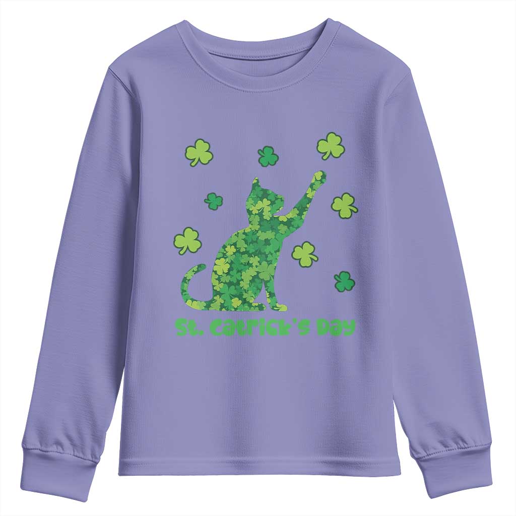 Funny St Catricks Day Youth Sweatshirt Lucky Shamrock Cat Saint Pattys TS12 Violet Print Your Wear