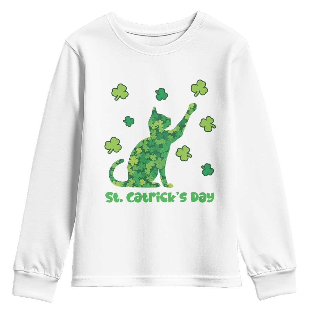 Funny St Catricks Day Youth Sweatshirt Lucky Shamrock Cat Saint Pattys TS12 White Print Your Wear