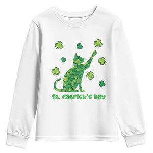 Funny St Catricks Day Youth Sweatshirt Lucky Shamrock Cat Saint Pattys TS12 White Print Your Wear