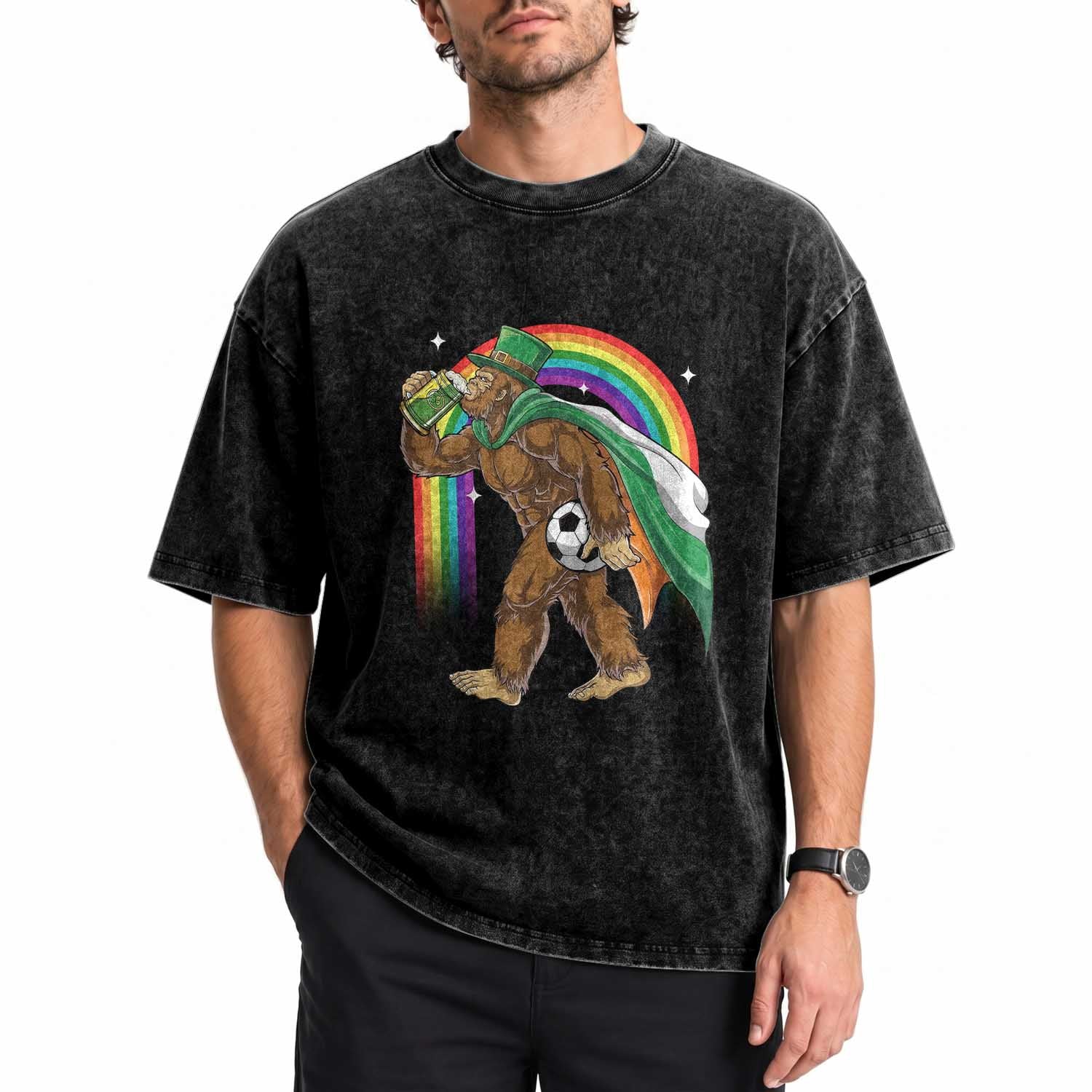 Funny Bigfoot Drinking Beer Washed Cotton T-Shirt St Patricks Day Soccer Lover