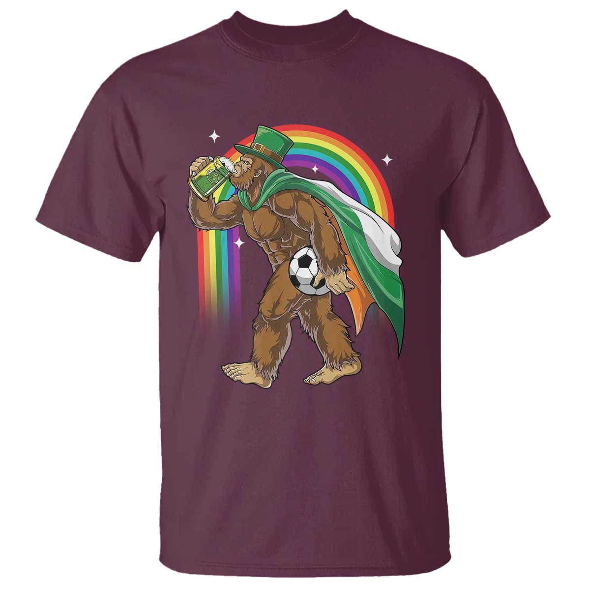 Funny Bigfoot Drinking Beer T Shirt St Patricks Day Soccer Lover TS12 Maroon Print Your Wear