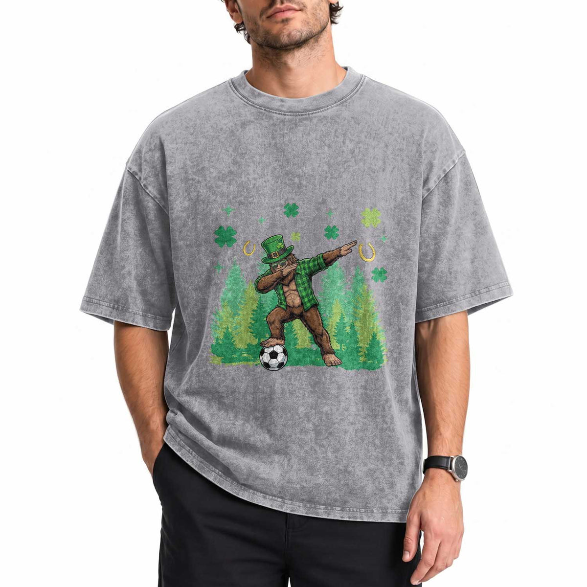 Lucky Sasquatch Soccer Player Washed Cotton T-Shirt Funny St Patricks Day Gift