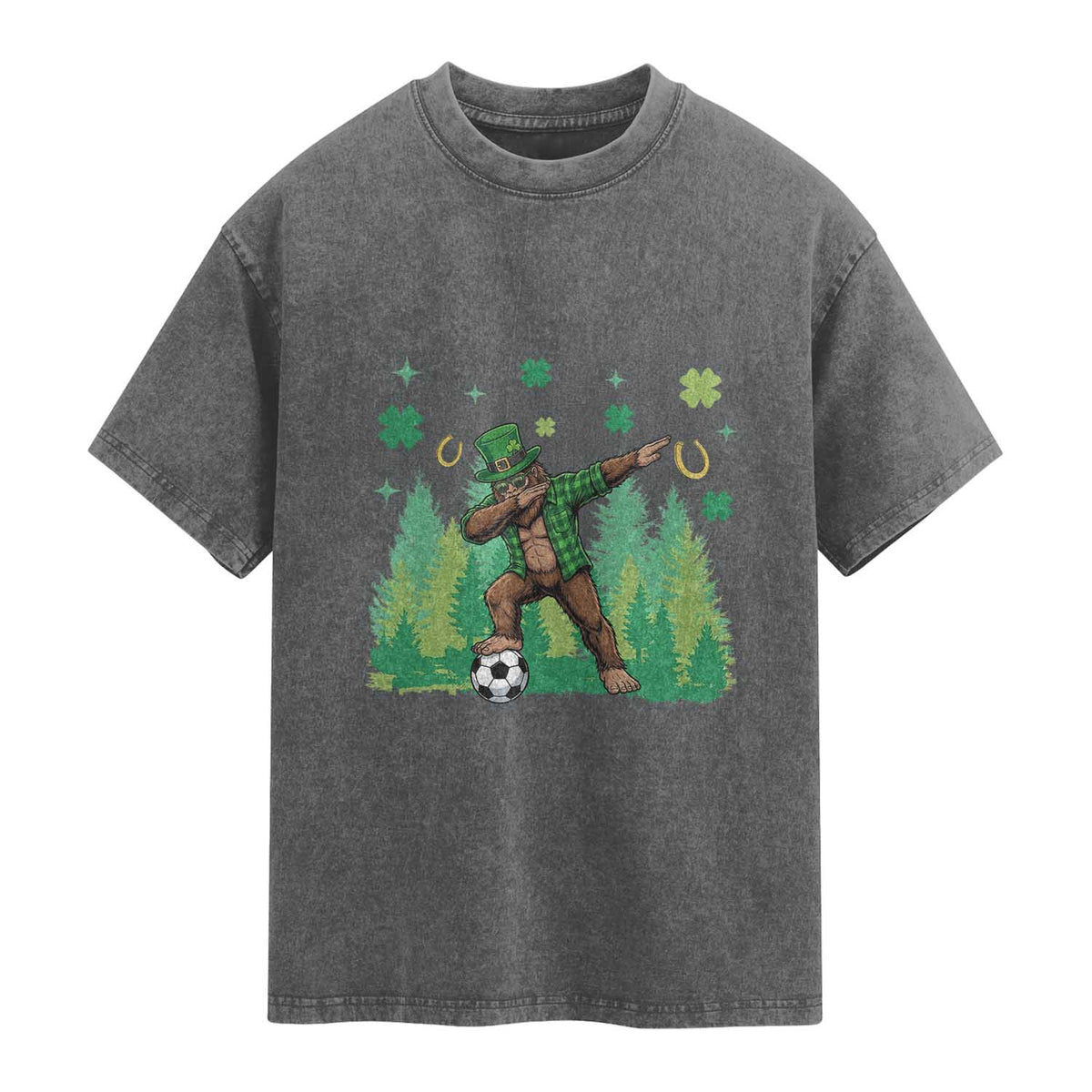 Lucky Sasquatch Soccer Player Washed Cotton T-Shirt Funny St Patricks Day Gift