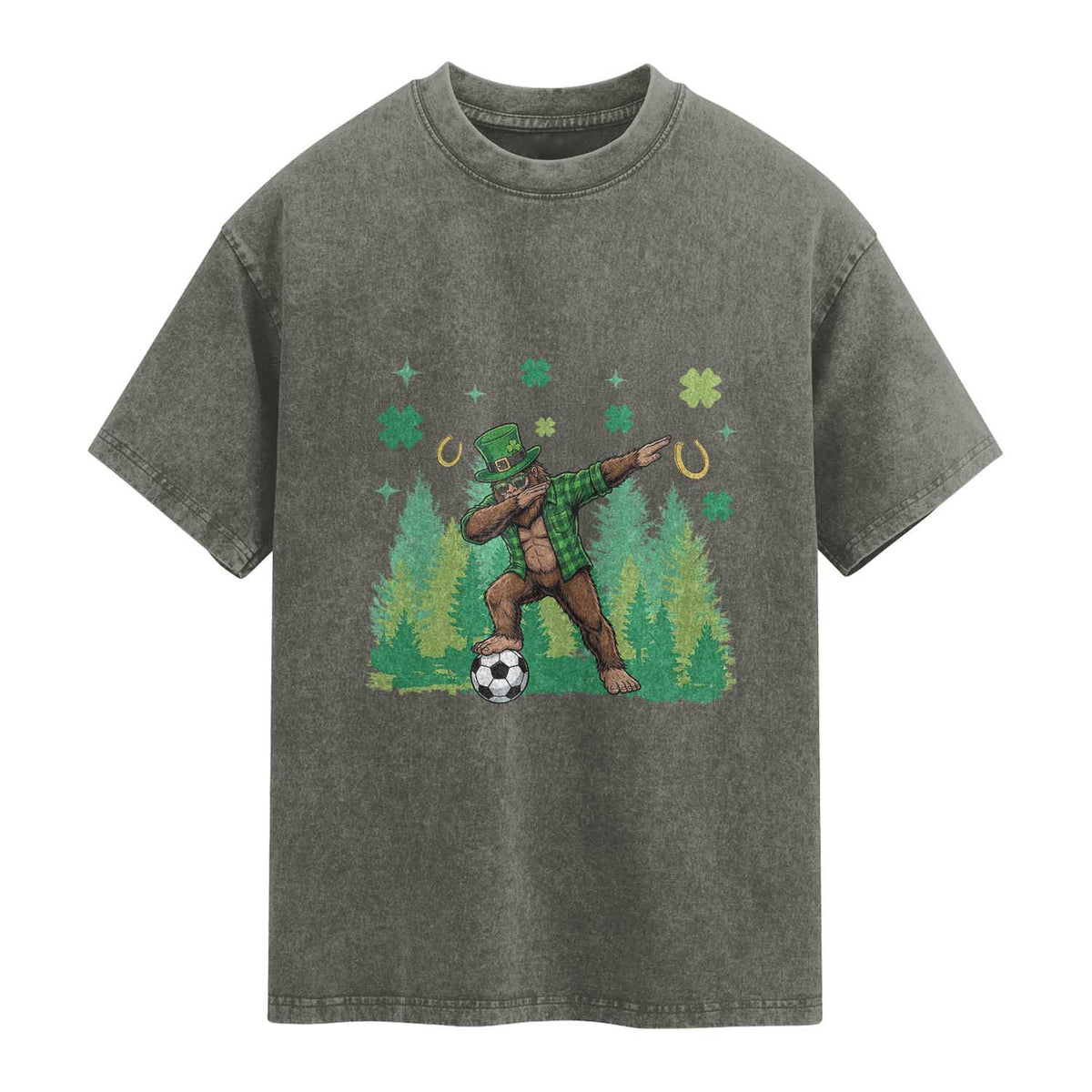 Lucky Sasquatch Soccer Player Washed Cotton T-Shirt Funny St Patricks Day Gift