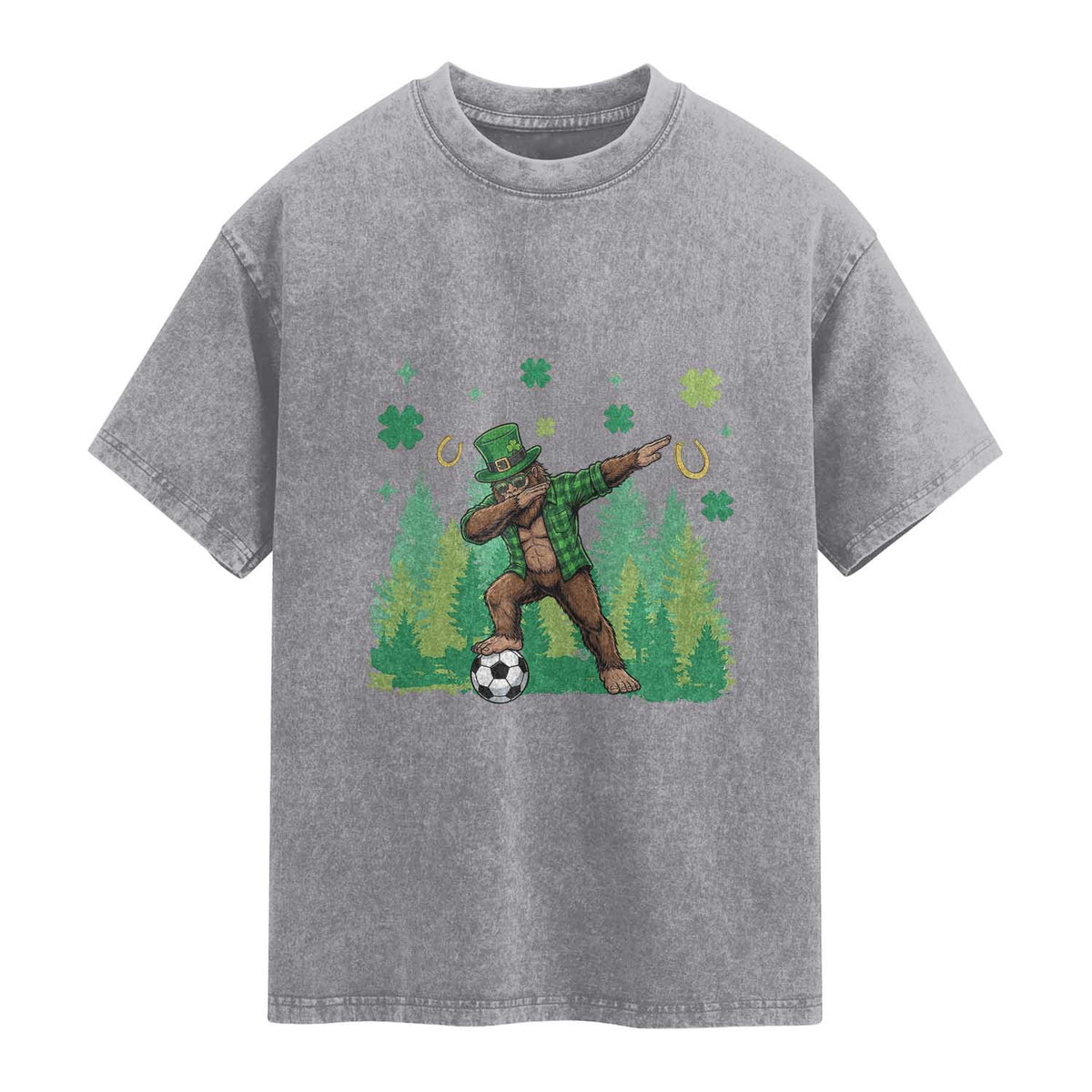Lucky Sasquatch Soccer Player Washed Cotton T-Shirt Funny St Patricks Day Gift