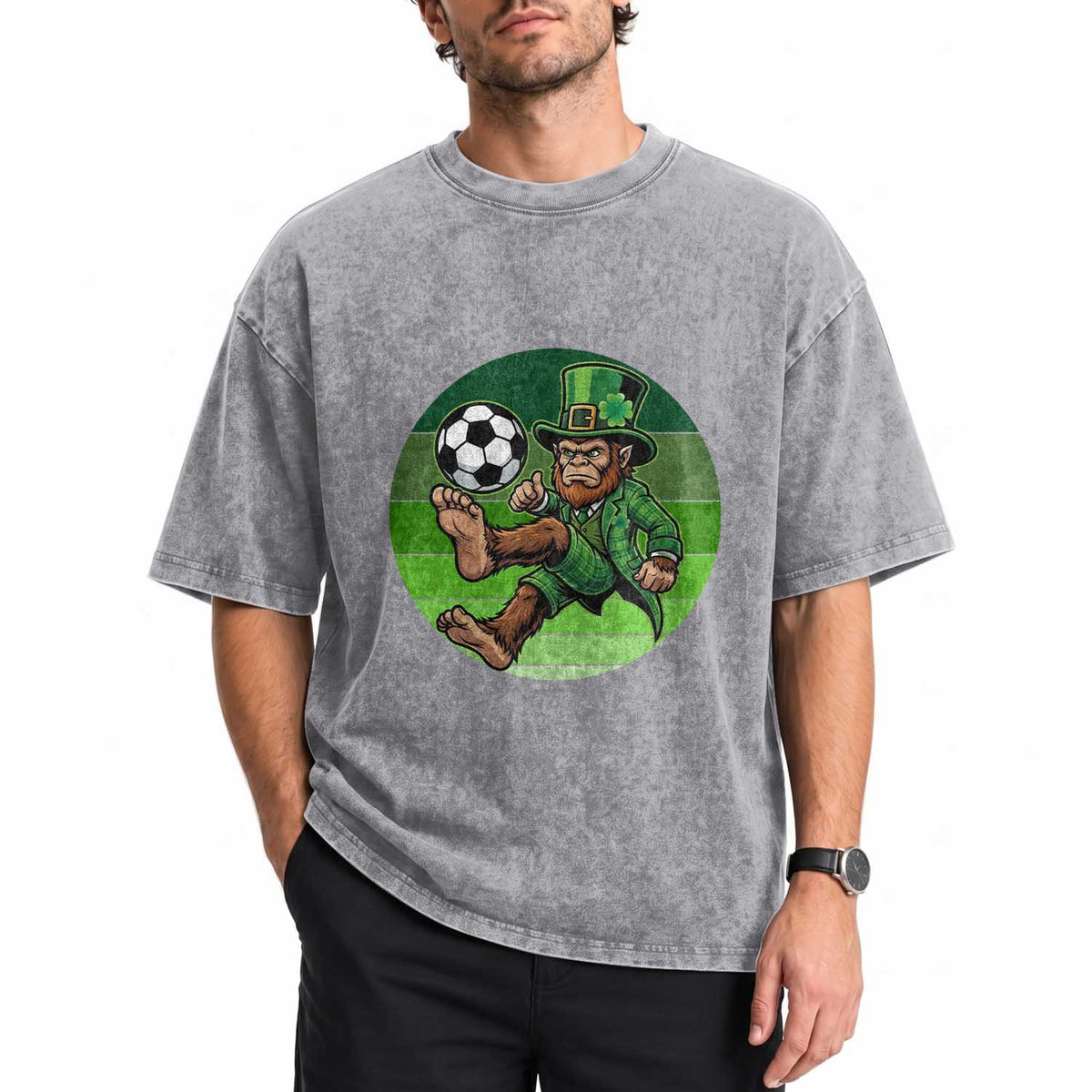 Funny Bigfoot Playing Soccer Washed Cotton T-Shirt St Patricks Day