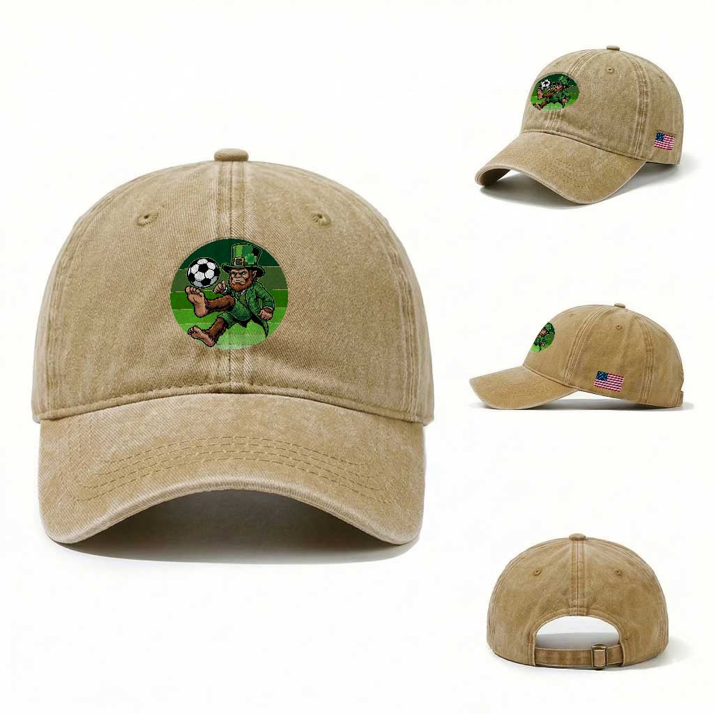 Funny Bigfoot Playing Soccer Washed Cotton Baseball Cap St Patricks Day TS12 Washed Cap Universal Fit Khaki Print Your Wear