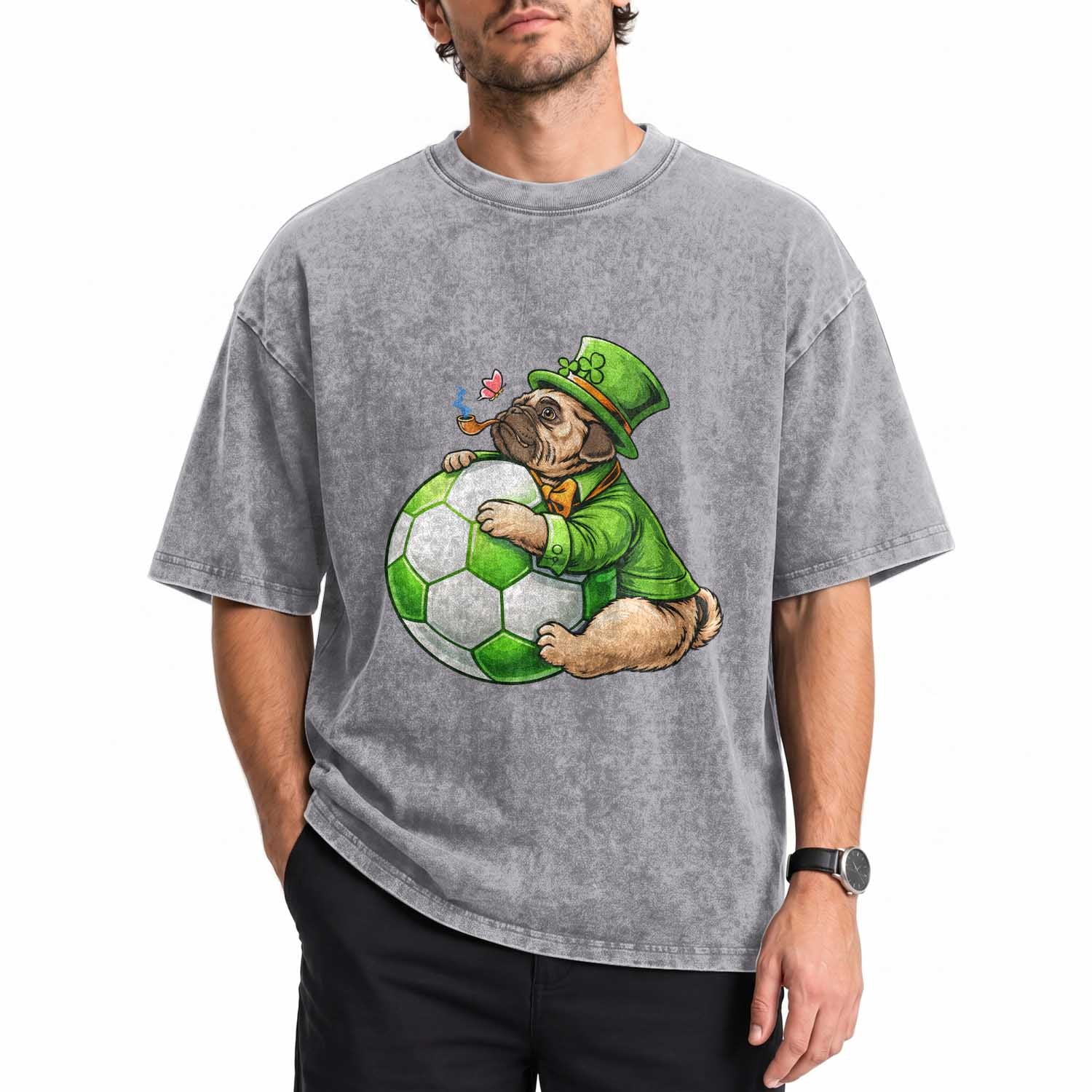 Lucky Pug Soccer Lover Washed Cotton T-Shirt St Paddys Day Irish Football Gift