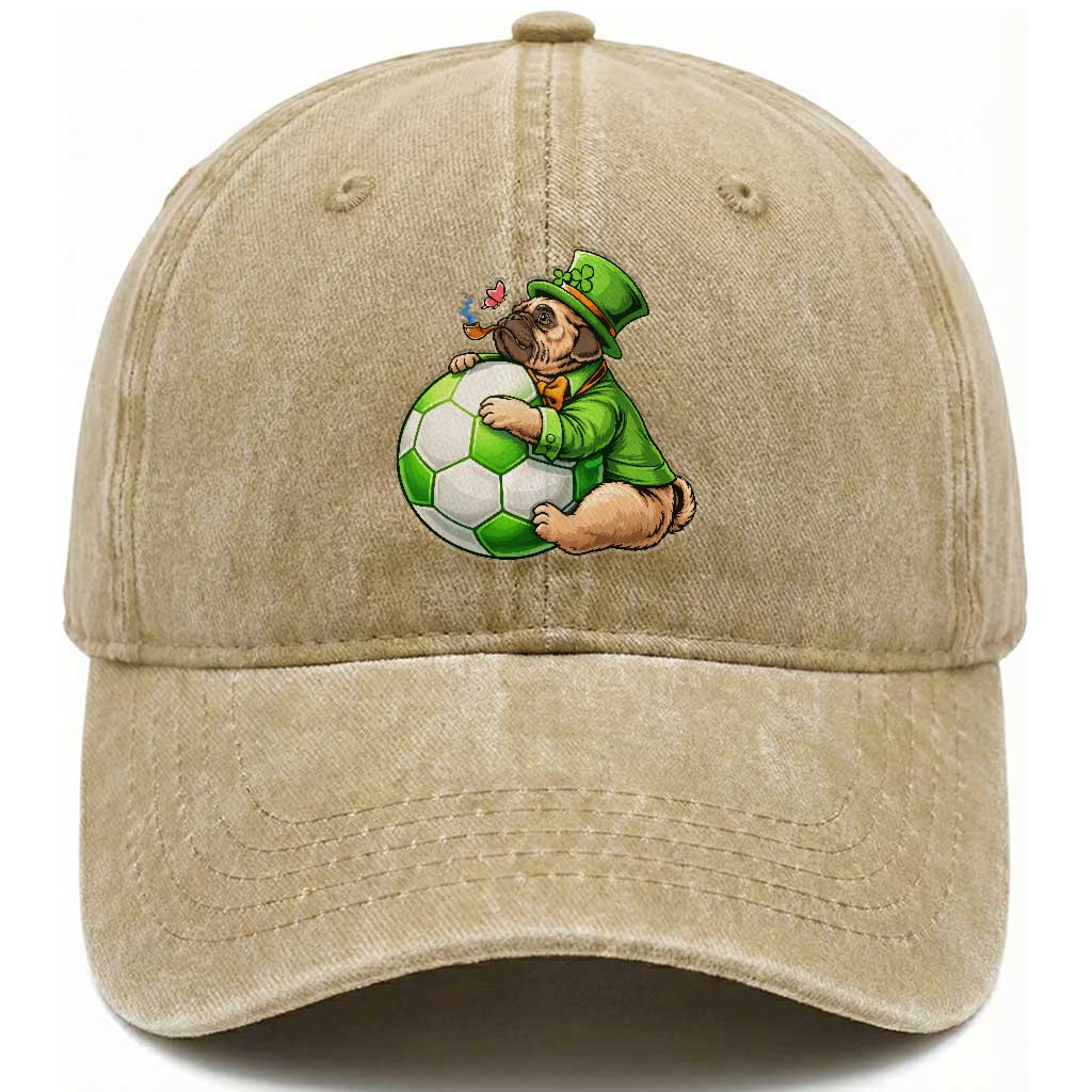 Lucky Pug Soccer Lover Washed Cotton Baseball Cap St Paddys Day Irish Football Gift TS12 Print Your Wear