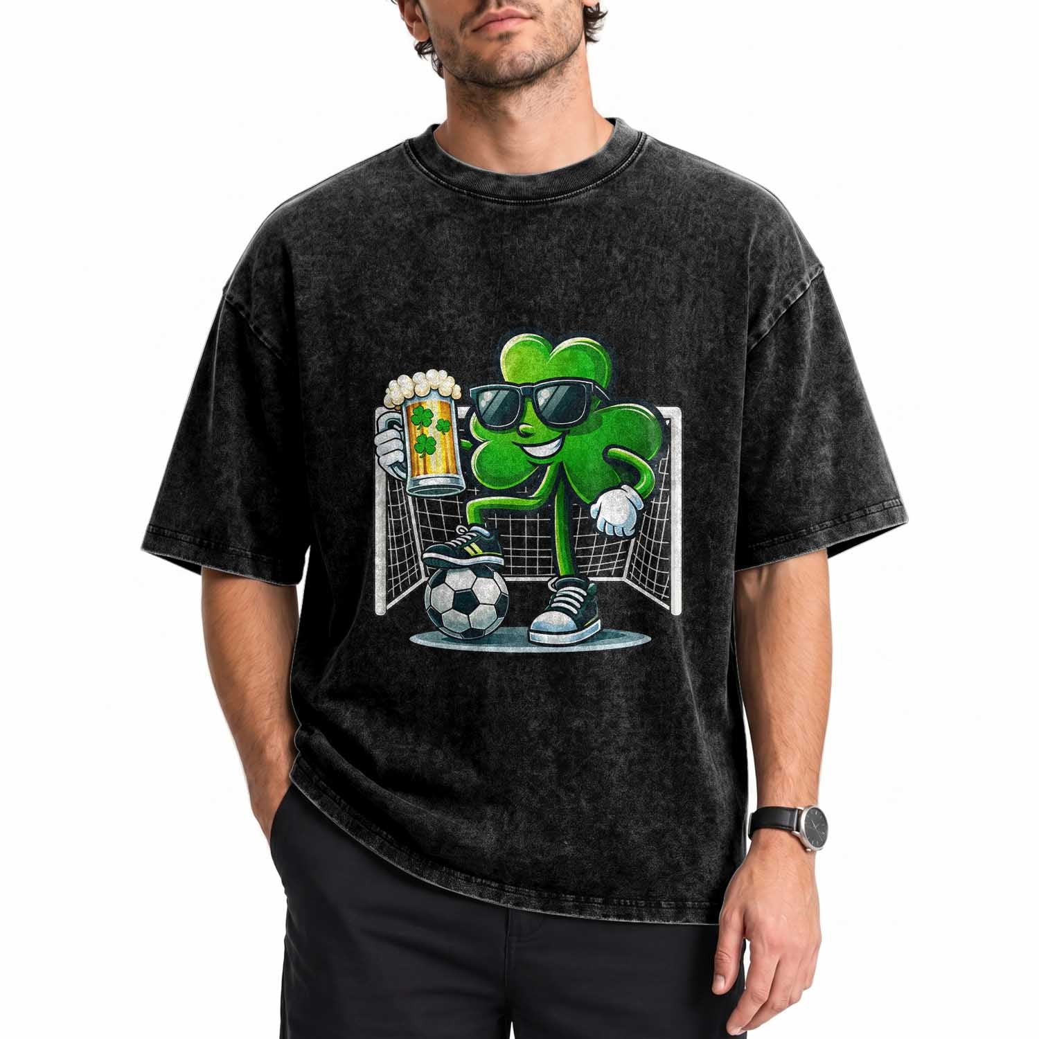 Funny Irish Shamrock Dabbing Soccer Washed Cotton T-Shirt St Patricks Day