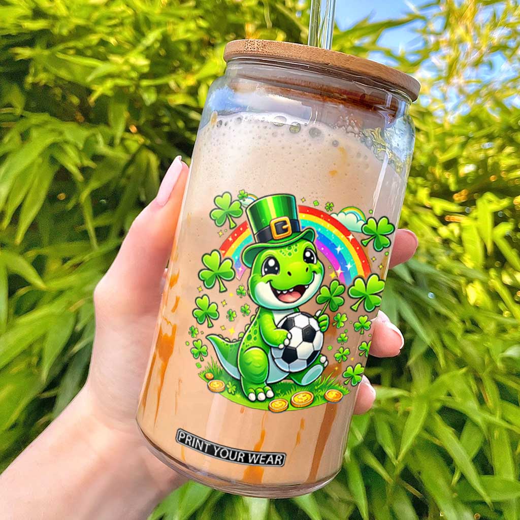 Cute Dinosaur Soccer Player Glass Can St Patricks Day Dino Lover TS12 White Print Your Wear