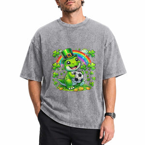 Cute Dinosaur Soccer Player Washed Cotton T-Shirt St Patricks Day Dino Lover