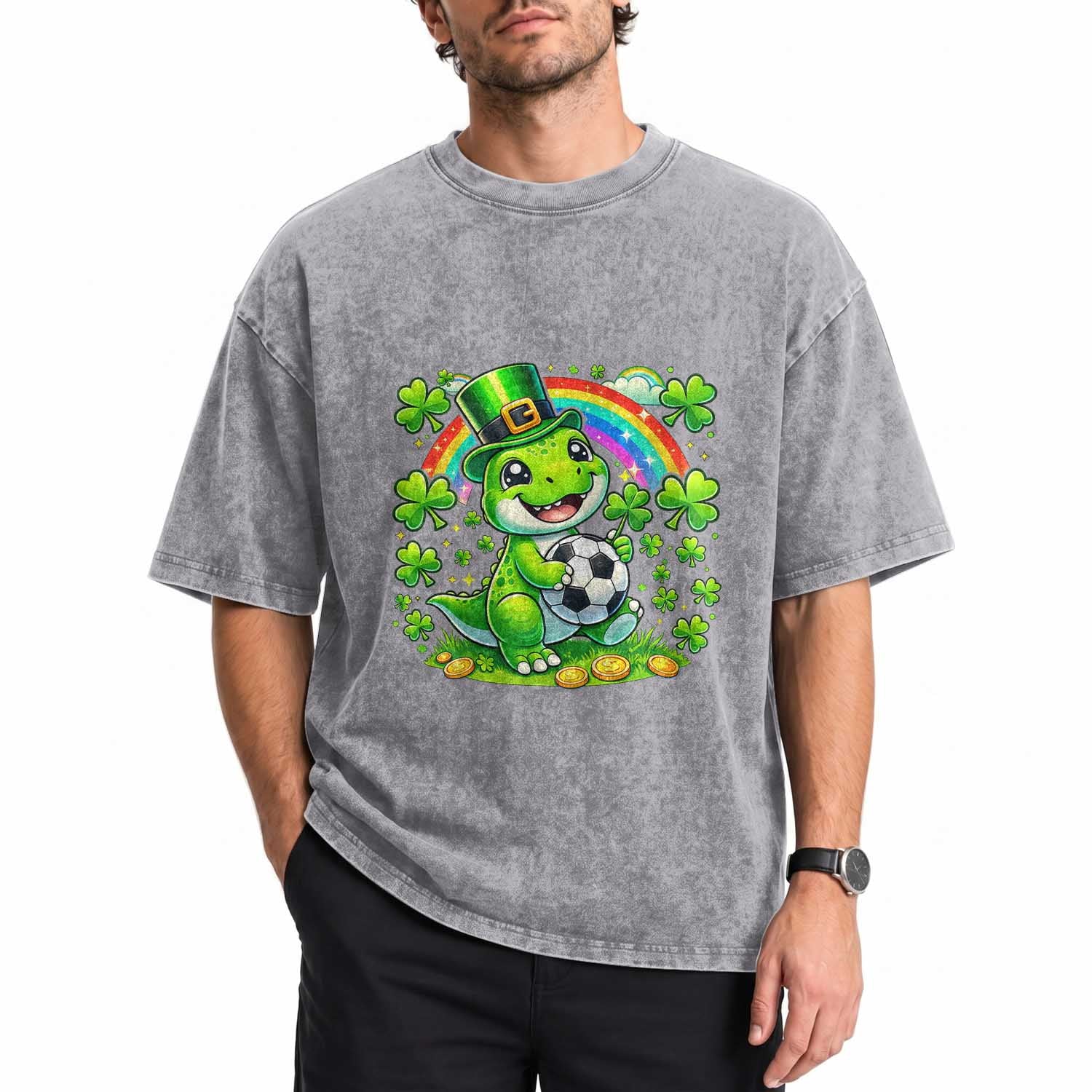 Cute Dinosaur Soccer Player Washed Cotton T-Shirt St Patricks Day Dino Lover