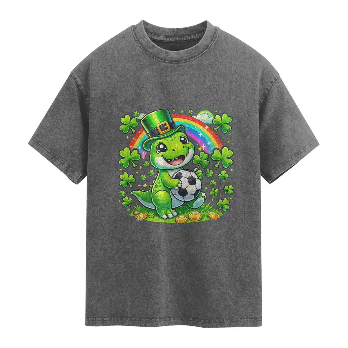 Cute Dinosaur Soccer Player Washed Cotton T-Shirt St Patricks Day Dino Lover
