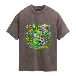 Cute Dinosaur Soccer Player Washed Cotton T-Shirt St Patricks Day Dino Lover